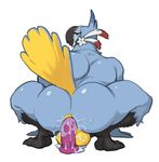  anal anal_penetration anus avian balls beak big_butt bird blue_feathers breath_of_the_wild butt crouching dildo feathers kass_(zelda) looking_back lube male masturbation nintendo nude penetration sex_toy solo the_legend_of_zelda toomanyboners video_games yellow_feathers 