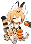  animal_ears bare_shoulders blonde_hair bow bowtie closed_eyes commentary_request elbow_gloves food fruit gloves kagami_mochi kemono_friends mandarin_orange serval_(kemono_friends) serval_ears serval_print serval_tail short_hair sitting sleeping sleeveless solo sudo_shinren tail zzz 