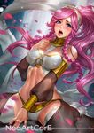 artist_name blush braid breasts cleavage dancer fire_emblem fire_emblem:_kakusei large_breasts long_hair nudtawut_thongmai olivia_(fire_emblem) open_mouth pink_hair purple_eyes solo spread_legs sweat tongue tongue_out watermark web_address 