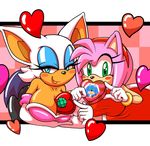  &lt;3 amy_rose anthro bat big_breasts blush breasts cleavage clothed clothing cute duo female hedgehog holidays mammal michiyoshi rouge_the_bat smile sonic_(series) valentine&#039;s_day 