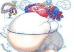  2017 arms_(game) blonde_hair blue_eyes blue_hair burger butt clothing dialogue english_text eyewear female food goggles hair human jumpsuit love_handles male mammal moobs morbidly_obese navel nintendo obese overweight overweight_male pants prisonsuit-rabbitman ribbon_girl simple_background spring_man text traditional_media_(artwork) video_games white_background worried 