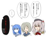  3girls ahoge art_shift atsushi_(aaa-bbb) beret blue_eyes commentary crying epaulettes grey_eyes grey_hair hair_ornament hair_over_one_eye hairclip hamakaze_(kantai_collection) hat himura_kiseki_(style) kantai_collection kashima_(kantai_collection) kerchief long_hair military military_uniform multiple_girls neckerchief parody sailor_collar school_uniform serafuku shaded_face short_hair sidelocks silver_hair simple_background sketch smile spoken_ellipsis style_parody tears translated twintails uniform upper_body ushio_(kantai_collection) wavy_hair white_background 