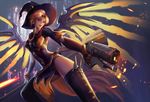  aiming_at_viewer alternate_costume broom gun hat mechanical_wings mercy_(overwatch) open_mouth overwatch pelvic_curtain smile solo thighhighs weapon wings witch_hat witch_mercy yang_fan 