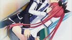  1boy 1girl ass ass_grab blue_hair brother brother_and_sister date_a_live game_cg hair_ornament hair_ribbons hetero itsuka_kotori itsuka_shidou leg_lock legs long_hair long_twintails official_art panties red_eyes red_hair ribbons school_uniform siblings sitting skirt_lift smile straddling striped striped_panties thighhighs tsunako twintails underwear upright_straddle 