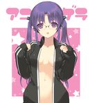  bangs black_jacket breasts dasoku_sentarou glasses hair_ornament jacket long_hair long_sleeves looking_at_viewer medium_breasts naked_track_jacket navel no_shirt open_clothes open_jacket open_mouth original pink_background purple_eyes purple_hair solo standing star starry_background track_jacket twintails upper_body 