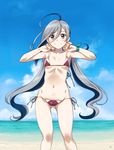  adjusting_clothes adjusting_swimsuit ahoge alternate_costume ass_visible_through_thighs beach bikini blue_sky breasts c: cloud cloudy_sky day horizon kantai_collection kiyoshimo_(kantai_collection) long_hair looking_at_viewer low_twintails navel ocean outdoors sameha_ikuya side-tie_bikini silver_eyes silver_hair sky small_breasts smile solo swimsuit twintails 