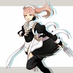  apron blue_eyes blush dagger felicia_(fire_emblem_if) fire_emblem fire_emblem_if highres long_hair maid maid_apron maid_headdress open_mouth pink_hair ponytail solo thighhighs tyotto_ko_i weapon 