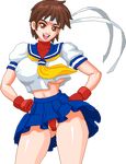  1girl alternate_breast_size breasts erect_nipples gloves headband kasugano_sakura large_breasts panties school_uniform skirt street_fighter warner 