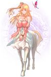  bare_shoulders blonde_hair blue_eyes blush bracelet breasts bug butterfly centaur cleavage gamerag insect jewelry large_breasts long_hair looking_at_viewer monster_girl necklace one_side_up original pointy_ears smile solo tail unicorn 