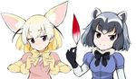  animal_ears black_hair blush bow bowtie brown_eyes collar commentary_request common_raccoon_(kemono_friends) feathers fennec_(kemono_friends) fox_ears fur_collar kanimura_ebio kemono_friends multiple_girls puffy_sleeves raccoon_ears short_hair short_sleeves smile 