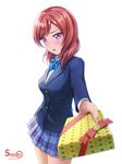  artist_name blazer blurry blush bow breasts dated depth_of_field foreshortening gift highres holding holding_gift incoming_gift jacket looking_at_viewer love_live! love_live!_school_idol_project medium_breasts nishikino_maki otonokizaka_school_uniform parted_lips purple_eyes red_hair school_uniform shamakho short_hair simple_background skirt solo valentine white_background 