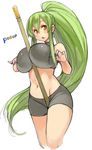  between_breasts bike_shorts blush breast_squeeze breasts green_hair high_ponytail large_breasts long_hair midriff navel open_mouth original pen-pineapple-apple-pen ponytail sachito simple_background sketch solo sumi-chan_(sachito) white_background yellow_eyes 