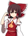  &gt;:( ascot bangs bare_shoulders blush bow breasts brown_eyes brown_hair closed_mouth collared_shirt cowboy_shot detached_sleeves enushi_(toho193) food frilled_bow frilled_shirt_collar frills frown hair_between_eyes hair_bow hair_tubes hakurei_reimu highres holding holding_food looking_at_viewer midriff nontraditional_miko ohagi_(food) red_bow red_skirt ribbon-trimmed_sleeves ribbon_trim shirt short_hair simple_background skirt skirt_set small_breasts solo touhou v-shaped_eyebrows white_background white_collar white_sleeves wide_sleeves yellow_neckwear 
