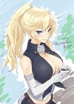  2017 alternate_hairstyle blonde_hair blue_eyes breasts cleavage coffee cup dated elbow_gloves fingerless_gloves front-tie_top gloves heart heart-shaped_pupils holding holding_cup iowa_(kantai_collection) kantai_collection kyougoku_touya large_breasts long_hair looking_at_viewer no_headgear open_clothes ponytail smile solo symbol-shaped_pupils twitter_username 