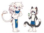  barefoot blush brothers candy cat clothing duo feline food food_in_mouth hand_heart hand_on_hip kay_(whiteleo) kitkat_(candy) leo_(whiteleo) lion loincloth looking_at_viewer male mammal mane multi_tail plantigrade scarf shorts sibling whiteleo young 