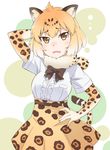  animal_ears animal_print arm_behind_head belt black_bow blonde_hair bow e20 elbow_gloves eyebrows_visible_through_hair gloves gradient_hair hand_on_hip highres jaguar_(kemono_friends) jaguar_ears jaguar_print jaguar_tail kemono_friends looking_at_viewer multicolored_hair open_mouth shirt short_hair short_sleeves simple_background skirt solo standing tail white_shirt yellow_eyes 