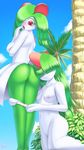  2017 anthro areola blush breasts butt clothing digital_media_(artwork) duo female galaxyoron green_hair hair humanoid kirlia nintendo nipples not_furry open_mouth panties pok&eacute;mon pussy ralts red_eyes semi_incest sibling sister smile underwear video_games 