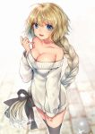  1girl ahoge awata_mokane bare_shoulders black_legwear black_ribbon blonde_hair blue_eyes braid breasts cleavage collarbone eyebrows_visible_through_hair fate/grand_order fate_(series) hair_ribbon jeanne_d&#039;arc_(fate) jeanne_d&#039;arc_(fate)_(all) large_breasts long_hair long_sleeves looking_at_viewer naked_sweater off-shoulder_sweater off_shoulder open_mouth ribbon single_braid smile solo sparkle standing sweater thighhighs thighs white_sweater 