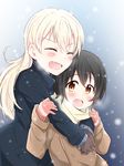  alternate_costume black_hair blonde_hair brown_eyes closed_eyes coat gloves high_school_fleet highres hug hug_from_behind irako_mikan long_hair multiple_girls open_mouth scarf short_hair snow white_scarf wilhelmina_braunschweig_ingenohl_friedeburg winter_clothes yasaka_shuu 