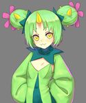  :3 bangs blackblades blush closed_mouth double_bun dress eyelashes flat_chest flower gen_5_pokemon green_dress green_hair grey_background hair_flower hair_ornament hands_on_hips highres horn long_sleeves looking_at_viewer maractus no_bra personification pokemon short_eyebrows short_hair simple_background solo spikes standing thick_eyebrows turtleneck upper_body wide_sleeves yellow_eyes 