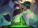  androgynous bandages belt book bottle brown_gloves covered_mouth daye_bie_qia_lian from_below gloves green_eyes highres holding holding_book holding_bottle jinx_(league_of_legends) league_of_legends looking_at_viewer navel open_book pale_skin partly_fingerless_gloves pot pouring red_hair short_hair silhouette singed solo string_of_flags thumb_ring very_short_hair 