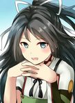  :d black_hair blue_eyes bow commentary_request gendou_pose hair_bow hair_ribbon hands_clasped head_rest highres kamelie kantai_collection katsuragi_(kantai_collection) long_hair looking_at_viewer open_mouth own_hands_together pose ribbon smile solo white_ribbon 