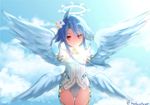  ahoge angel angel_wings blue_hair blue_sky cloud day four_goddesses_online:_cyber_dimension_neptune halo looking_at_viewer mashiroheart multiple_wings neptune_(series) outdoors power_symbol red_eyes short_hair_with_long_locks sidelocks signature sky solo symbol-shaped_pupils triforce twitter_username white_heart wings 
