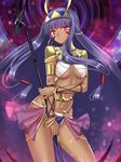  &gt;:) absurdly_long_hair armlet bangs big_hair blunt_bangs body_jewelry bracelet breasts commentary_request cowboy_shot dark_skin earrings egyptian egyptian_clothes fate/grand_order fate_(series) groin hair_tubes hairband holding holding_staff hoop_earrings jewelry loincloth long_hair looking_at_viewer medium_breasts midriff navel nitocris_(fate/grand_order) parted_lips purple_eyes purple_hair revealing_clothes showgirl_skirt sidelocks smile solo staff stomach v-shaped_eyebrows very_long_hair yuzushiro 