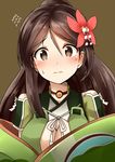  3: amagi_(kantai_collection) breasts brown_background brown_eyes brown_hair cleavage commentary_request flying_sweatdrops hair_ornament highres kamelie kantai_collection long_hair looking_at_viewer medium_breasts mole mole_under_eye ponytail simple_background solo sweat 