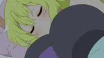  1boy 1girl animated animated_gif aqua_hair between_breasts bouncing_breasts breast_press breast_smother breasts huge_breasts kobayashi-san_chi_no_maidragon long_hair magatsuchi_shouta purple_hair quetzalcoatl_(maidragon) short_hair sleeping smile 