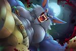  abs armpit_hair armpits belt blood bulge canine clothing fangs league_of_legends looking_at_viewer looking_down male mammal moon mumu202 muscular muscular_male navel night open_mouth pants pecs solo teeth tube video_games warwick wolf 