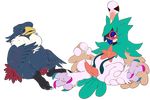  avian blush decidueye duo flat_colors holding_legs honchkrow male mute-owl nintendo penis pok&eacute;mon precum precum_string reclining semi-anthro spread_legs spreading sweat tapering_penis video_games 