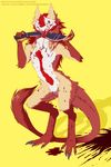  2017 ambiguous_gender anthro blood blue_eyes brown_fur claws english_text featureless_crotch forked_tongue fur gore knife kukri looking_at_viewer messy nude open_mouth red_fur sergal sharp_teeth sidgi simple_background solo teeth text tongue tongue_out white_fur yellow_background 