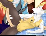  anthro bedroom braixen breasts canine female fingering fox fur human human_on_anthro inner_ear_fluff interspecies mammal nintendo nipples open_mouth pok&eacute;mon pussy pussy_juice red_eyes skydog video_games 