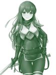  armor ass_visible_through_thighs bangs belt breastplate brown_legwear closed_mouth covered_navel cowboy_shot dress elbow_gloves eyebrows_visible_through_hair fire_emblem fire_emblem:_monshou_no_nazo fire_emblem_heroes gloves green hand_on_hip headband highres holding holding_sword holding_weapon inanaki_shiki long_hair looking_at_viewer monochrome pantyhose paola pegasus_knight scabbard sheath short_dress shoulder_armor side_slit sidelocks simple_background smile solo sword thigh_gap thighhighs unsheathed weapon white_background 