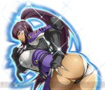  amanomiya_ayame ass back_opening banpresto bent_over bodysuit breasts crotch finger_to_mouth hand_on_ass hand_on_own_ass large_breasts long_hair looking_at_viewer official_art ponytail super_robot_wars super_robot_wars_x-omega thighs 