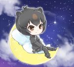  animal_ears bear_ears bear_girl black_footwear black_hair black_legwear black_shirt black_skirt blush boots brown_eyes brown_hair chibi cloud commentary crescent_moon eyebrows_visible_through_hair eyelashes from_side full_body fur-trimmed_boots fur_trim japanese_black_bear_(kemono_friends) jpeg_artifacts kemono_friends long_sleeves looking_at_viewer moon multicolored_hair night outdoors outline pantyhose pillow pleated_skirt shirt short_over_long_sleeves short_sleeves sitting skirt sky solo star_(sky) tatsuno_newo tsurime twitter_username two-tone_hair white_outline 