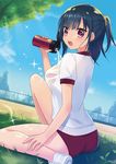  ass bangs black_hair blue_sky bottle breasts buruma cloud commentary_request day dutch_angle eyebrows_visible_through_hair grass gym_uniform hair_ornament hair_scrunchie holding holding_bottle kawachi_306 light_rays looking_at_viewer looking_back medium_breasts moe2017 open_mouth original outdoors ponytail pouring purple_eyes scrunchie see-through shirt shoes short_sleeves sitting sky sneakers solo sparkle sunlight sweat teeth thighs tree water_bottle white_shirt 