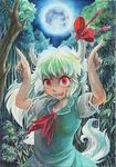  bamboo bamboo_forest commentary_request dress ex-keine fangs forest full_moon green_dress green_hair highres horn_ribbon horns horns_pose kamishirasawa_keine moon nature neckerchief night open_mouth puffy_short_sleeves puffy_sleeves red_eyes ribbon short_sleeves smile tail touhou traditional_media watercolor_(medium) yukiman 