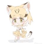  :3 animal_ears arms_at_sides bare_shoulders blonde_hair blush bow bowtie cat_ears cat_girl cat_tail chibi elbow_gloves eyebrows_visible_through_hair eyelashes frilled_skirt frills from_side full_body gloves gradient_hair jpeg_artifacts kemono_friends kneehighs looking_at_viewer multicolored_hair ribbon sand_cat_(kemono_friends) shadow shirt shoe_ribbon simple_background skirt sleeveless sleeveless_shirt socks solo standing streaked_hair striped_tail tail tareme tatsuno_newo twitter_username white_background white_hair white_ribbon white_shirt yellow_eyes 