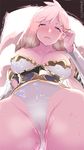  bangs batsu blonde_hair blue_eyes blush breasts cameltoe commentary_request eyebrows_visible_through_hair from_below gabriel_(granblue_fantasy) granblue_fantasy half-closed_eyes hand_up highleg highleg_leotard large_breasts leotard long_hair looking_at_viewer open_mouth smile solo strapless strapless_leotard sweat thighs twitter_username 