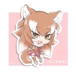  :d animal_ears arm_at_side boots border brown_eyes brown_hair brown_legwear brown_shirt character_name chibi commentary_request empty_eyes eyebrows_visible_through_hair fangs full_body fur-trimmed_boots fur_collar fur_trim gradient_hair japanese_wolf_(kemono_friends) jpeg_artifacts kemono_friends long_hair long_sleeves looking_at_viewer multicolored_hair neckerchief open_mouth outline outside_border pink_background plaid plaid_neckwear plaid_skirt pointing pointing_at_viewer sailor_collar shadow shirt skirt smile solo standing tail tatsuno_newo thighhighs tsurime twitter_username two-tone_hair white_border white_hair white_outline wolf_ears wolf_girl wolf_tail zettai_ryouiki 
