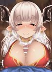  1girl alicia_(granblue_fantasy) bangs bar_censor batsu blush breast_squeeze breasts brown_eyes censored closed_mouth covered_nipples cross cross_earrings draph ear_blush earrings eyebrows_visible_through_hair gloves gran_(granblue_fantasy) granblue_fantasy half-closed_eyes heavy_breathing hetero horns jewelry large_breasts long_hair looking_at_viewer looking_up motion_blur paizuri paizuri_under_clothes penis pointy_ears pov silver_hair smile solo_focus upper_body white_gloves 