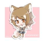  :3 animal_ears boots border brown_hair brown_legwear character_name chibi commentary_request eyebrows eyebrows_visible_through_hair fangs full_body fur-trimmed_boots fur_collar fur_trim gradient_hair italian_wolf_(kemono_friends) jpeg_artifacts kemono_friends long_sleeves looking_at_viewer multicolored_hair necktie open_mouth orange_eyes outline outside_border pink_background plaid plaid_neckwear plaid_skirt shadow short_hair skirt solo standing tail tatsuno_newo thighhighs translated twitter_username white_border white_hair white_outline wolf_ears wolf_girl wolf_tail zettai_ryouiki 