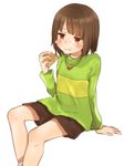  androgynous arm_at_side arm_support blush_stickers brown_hair brown_shorts chara_(undertale) eating eyebrows_visible_through_hair flat_expression food food_on_face green_shirt heart heart_necklace highres holding holding_food horizontal_stripes koretsuna long_sleeves pie red_eyes shirt short_hair shorts simple_background sitting slice_of_pie socks solo striped striped_shirt undertale white_background white_legwear 