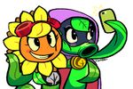  cellphone cloak clothing duo eyelashes eyewear female flora_fauna freckles goggles green_shadow_(plants_vs_zombies) isomaru mask phone plant plants_vs_zombies selfie shirt signature simple_background smile solar_flare_(plants_vs_zombies) white_background 