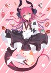  blue_eyes blush detached_sleeves dress elizabeth_bathory_(fate) elizabeth_bathory_(fate)_(all) fate/extra fate/extra_ccc fate_(series) highres horns long_hair looking_at_viewer pink_hair pointy_ears ribbon ronopu solo tail 