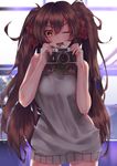 ;d absurdres brown_hair camera eyebrows eyebrows_visible_through_hair girls_frontline hair_between_eyes highres long_hair looking_at_viewer meme_attire messy_hair nishiro_ryoujin one_eye_closed open_mouth qbz-97_(girls_frontline) smile solo sweater sweater_vest twintails very_long_hair virgin_killer_sweater yellow_eyes 