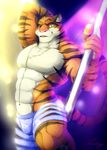  2016 abs anthro armpits biceps big_muscles black_fur bulge chest_tuft clothed clothing disney feline fur green_eyes hand_behind_head hi_res looking_at_viewer male mammal muscular muscular_male navel one_eye_closed open_mouth orange_fur pecs pink_nose pole primodrago raised_arm red_dragon_roar shorts smile solo standing stripes stripper_tiger_(zootopia) tiger topless tuft white_fur wink zootopia zootopia_shorts 