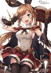  ;d aqua_eyes armpits black_gloves black_legwear book breasts brown_hair character_name clarisse_(granblue_fantasy) commentary_request cursive gloves granblue_fantasy holding holding_book long_hair medium_breasts one_eye_closed open_book open_mouth ponytail sakiyamama sideboob signature skirt smile solo thighhighs twitter_username v v_over_eye 